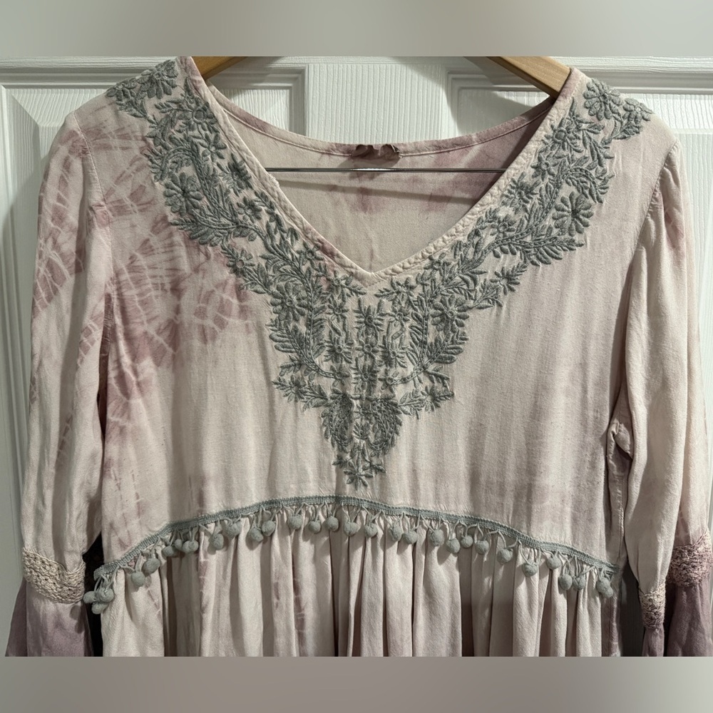 Geeta Hand Dyed Boho Pink Gray Tunic Dress Lace Pom Pom Detail Cottage Prarie